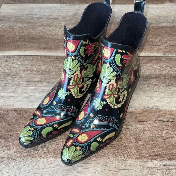 Madeline Womens Pointed Paisley Heeled Ankle Rain Boots Multicolor Size‎ 9M - Picture 1 of 9